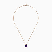 The 14K Rose Gold Amethyst and Diamond Necklace features a teardrop purple amethyst pendant and two small round diamonds on the chain, shown on a white background.