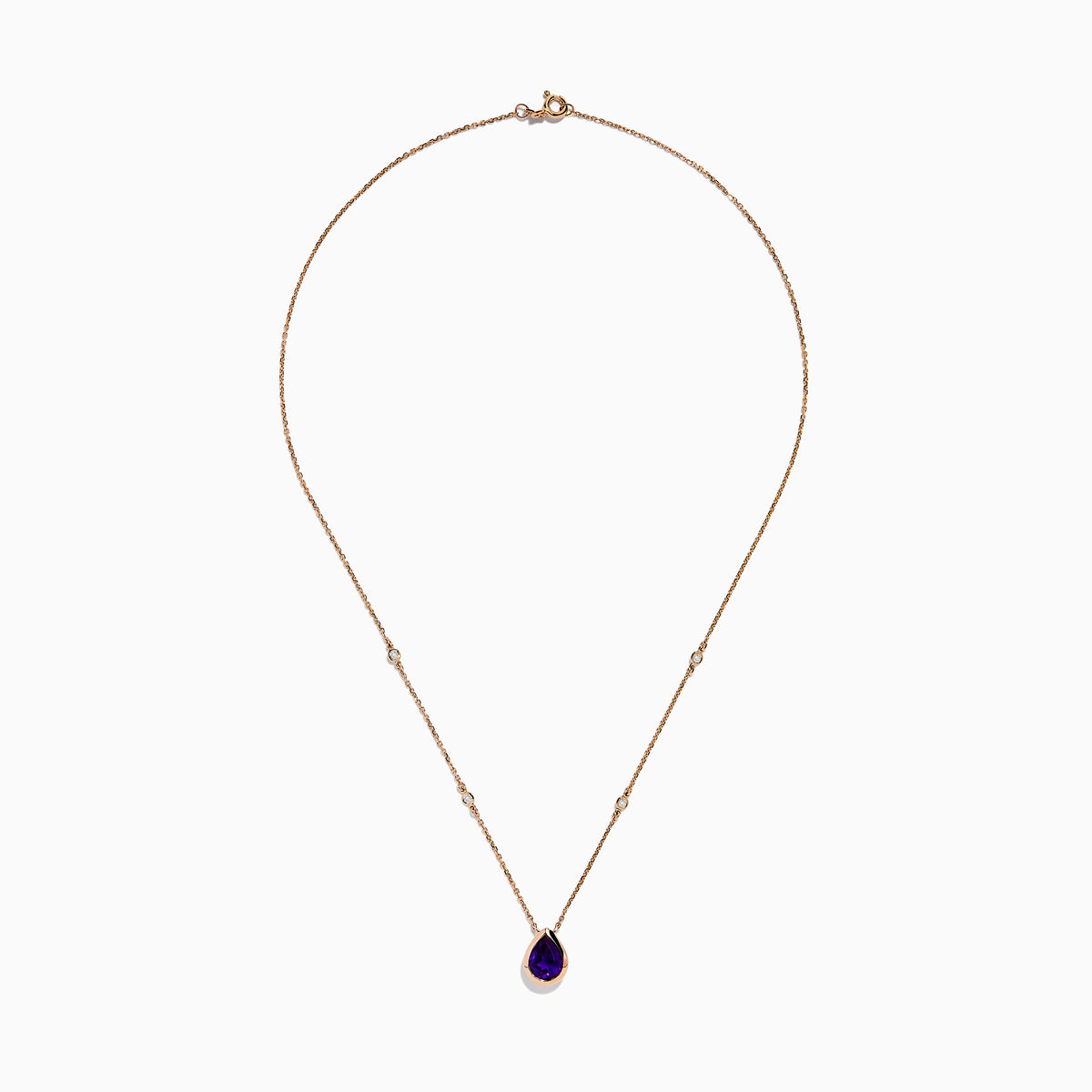 The 14K Rose Gold Amethyst and Diamond Necklace features a teardrop purple amethyst pendant and two small round diamonds on the chain, shown on a white background.