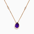 The 14K Rose Gold Amethyst and Diamond Necklace features a teardrop purple amethyst pendant and two small round diamonds on the chain, shown on a white background.