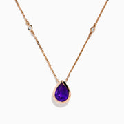 The 14K Rose Gold Amethyst and Diamond Necklace features a teardrop purple amethyst pendant and two small round diamonds on the chain, shown on a white background.