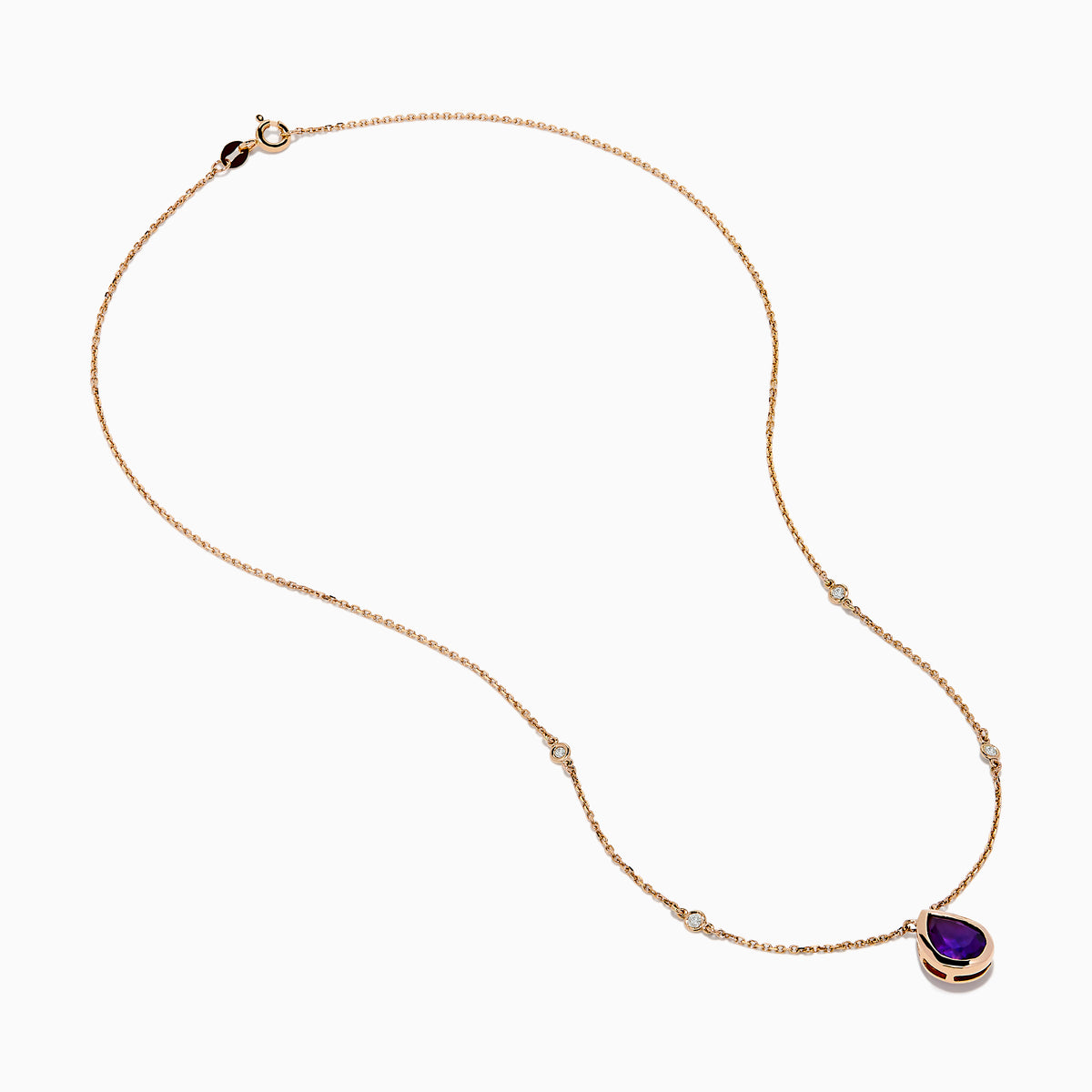 The 14K Rose Gold Amethyst and Diamond Necklace features a teardrop purple amethyst pendant and two small round diamonds on the chain, shown on a white background.