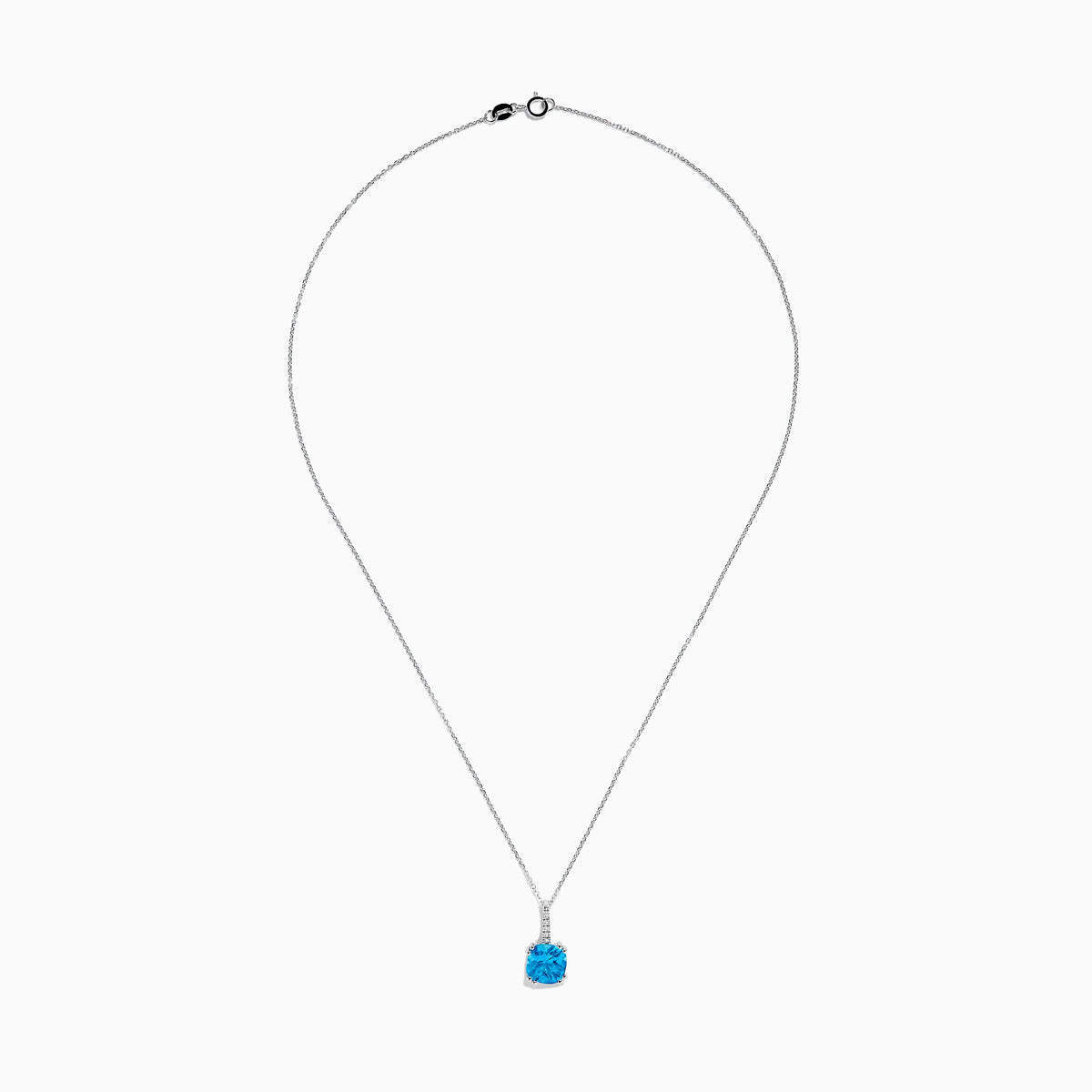 This 14K white gold blue topaz and diamond pendant features a round, vibrant blue topaz and dazzling diamonds set on the bail.