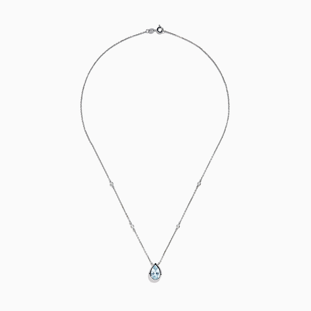 The Aquarius 14K Yellow Gold Aquamarine Necklace features a teardrop-shaped light blue gemstone pendant and small round crystal accents along the chain—an elegant gift, beautifully displayed on a white background.