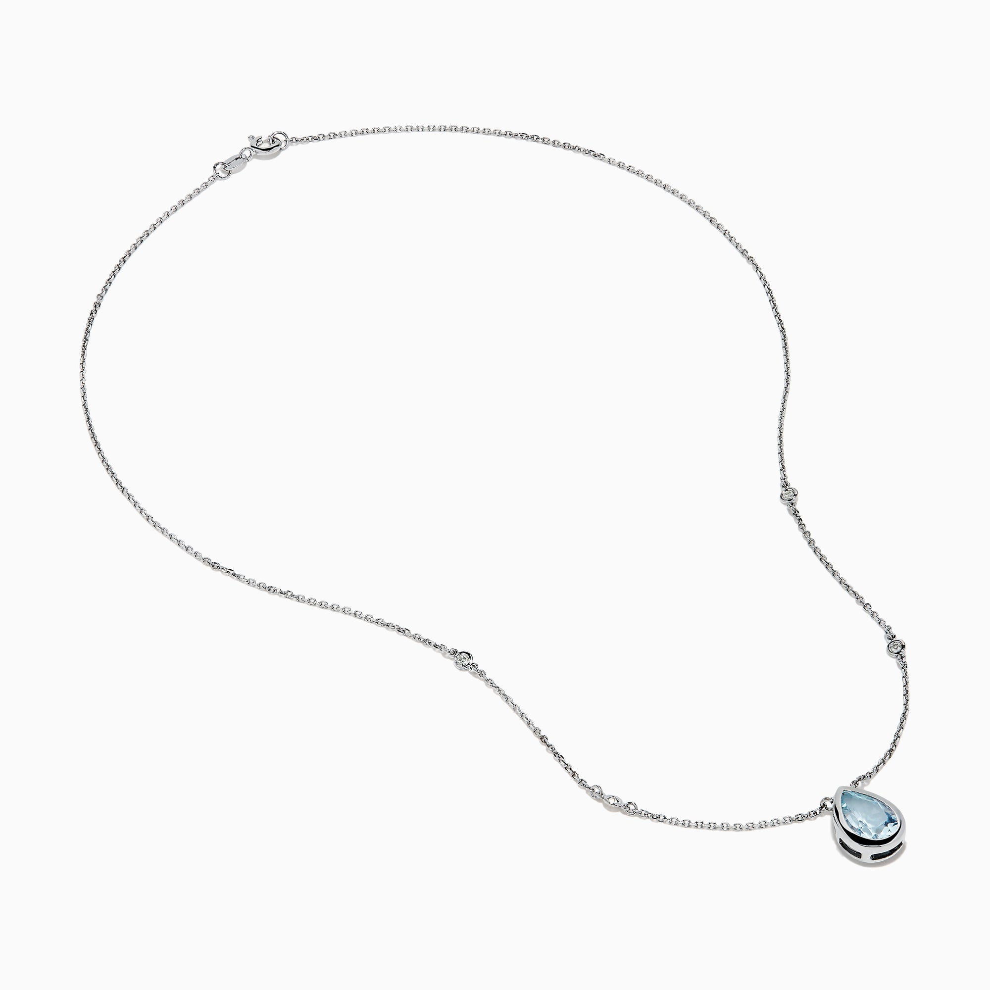 The Aquarius 14K Yellow Gold Aquamarine Necklace features a teardrop-shaped light blue gemstone pendant and small round crystal accents along the chain—an elegant gift, beautifully displayed on a white background.