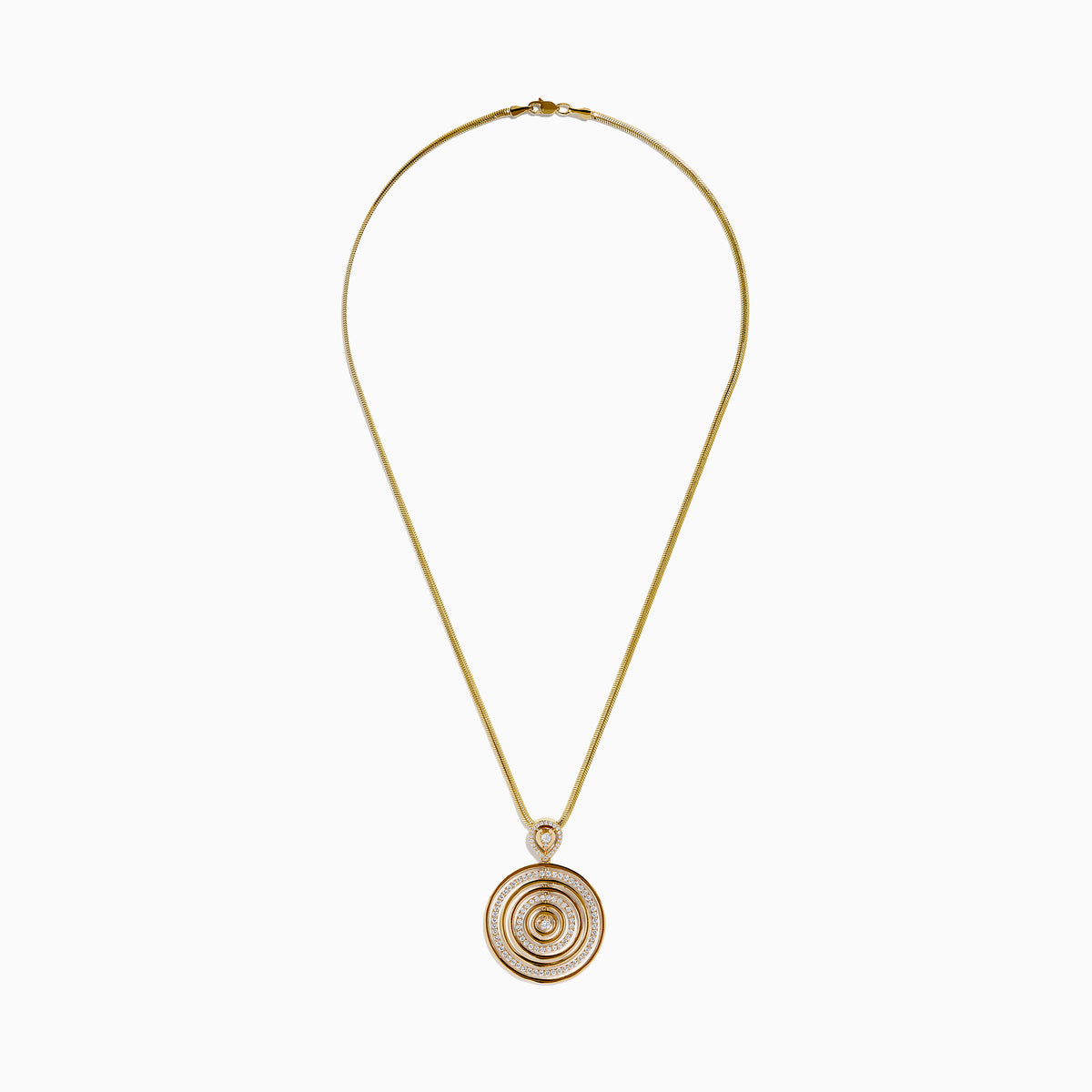 The 14K Yellow Gold Diamond Concentric Circle Drop Pendant features concentric circles with diamond accents and a central diamond, all suspended from a yellow gold chain.