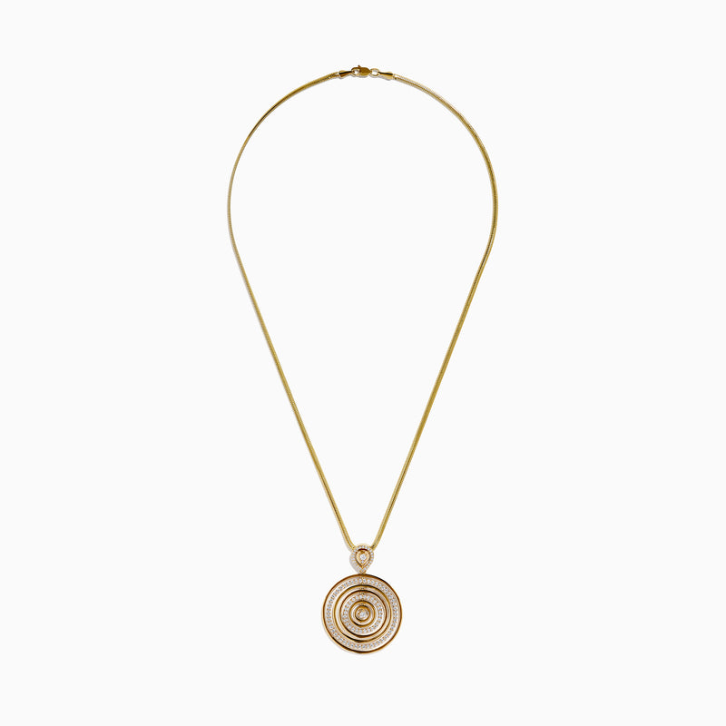 The 14K Yellow Gold Diamond Concentric Circle Drop Pendant features concentric circles with diamond accents and a central diamond, all suspended from a yellow gold chain.
