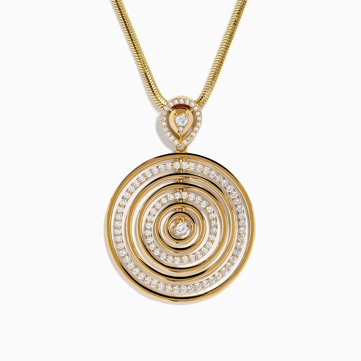 The 14K Yellow Gold Diamond Concentric Circle Drop Pendant features concentric circles with diamond accents and a central diamond, all suspended from a yellow gold chain.