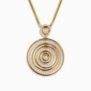 The 14K Yellow Gold Diamond Concentric Circle Drop Pendant features concentric circles with diamond accents and a central diamond, all suspended from a yellow gold chain.
