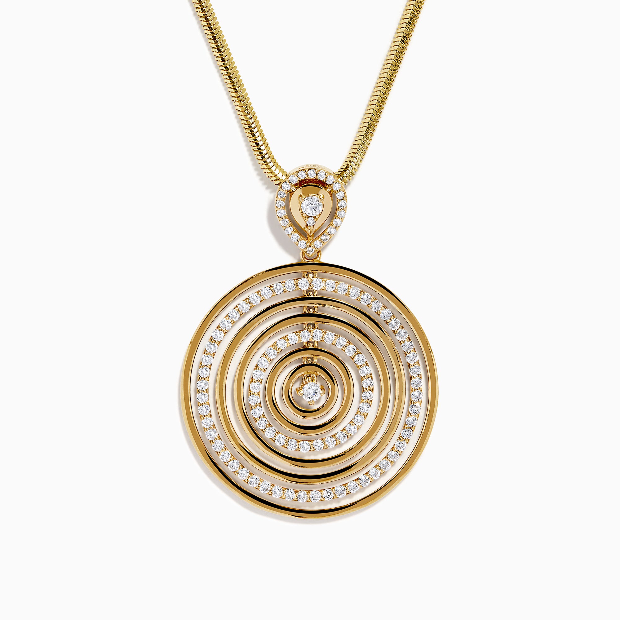 The 14K Yellow Gold Diamond Concentric Circle Drop Pendant features concentric circles with diamond accents and a central diamond, all suspended from a yellow gold chain.