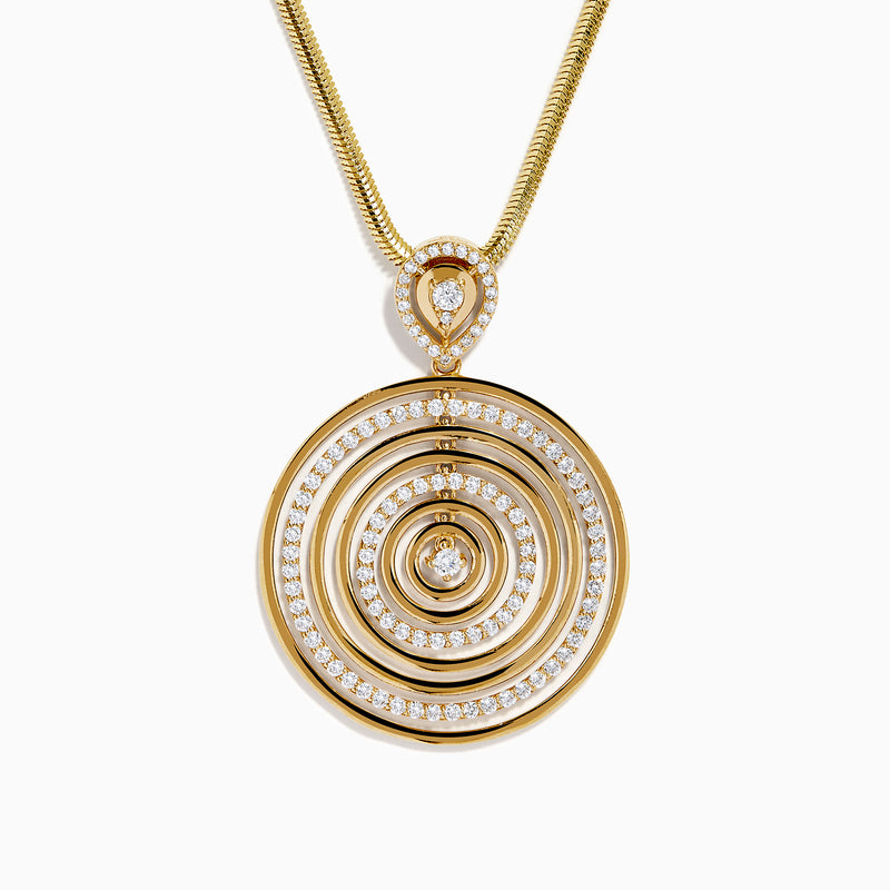 The 14K Yellow Gold Diamond Concentric Circle Drop Pendant features concentric circles with diamond accents and a central diamond, all suspended from a yellow gold chain.
