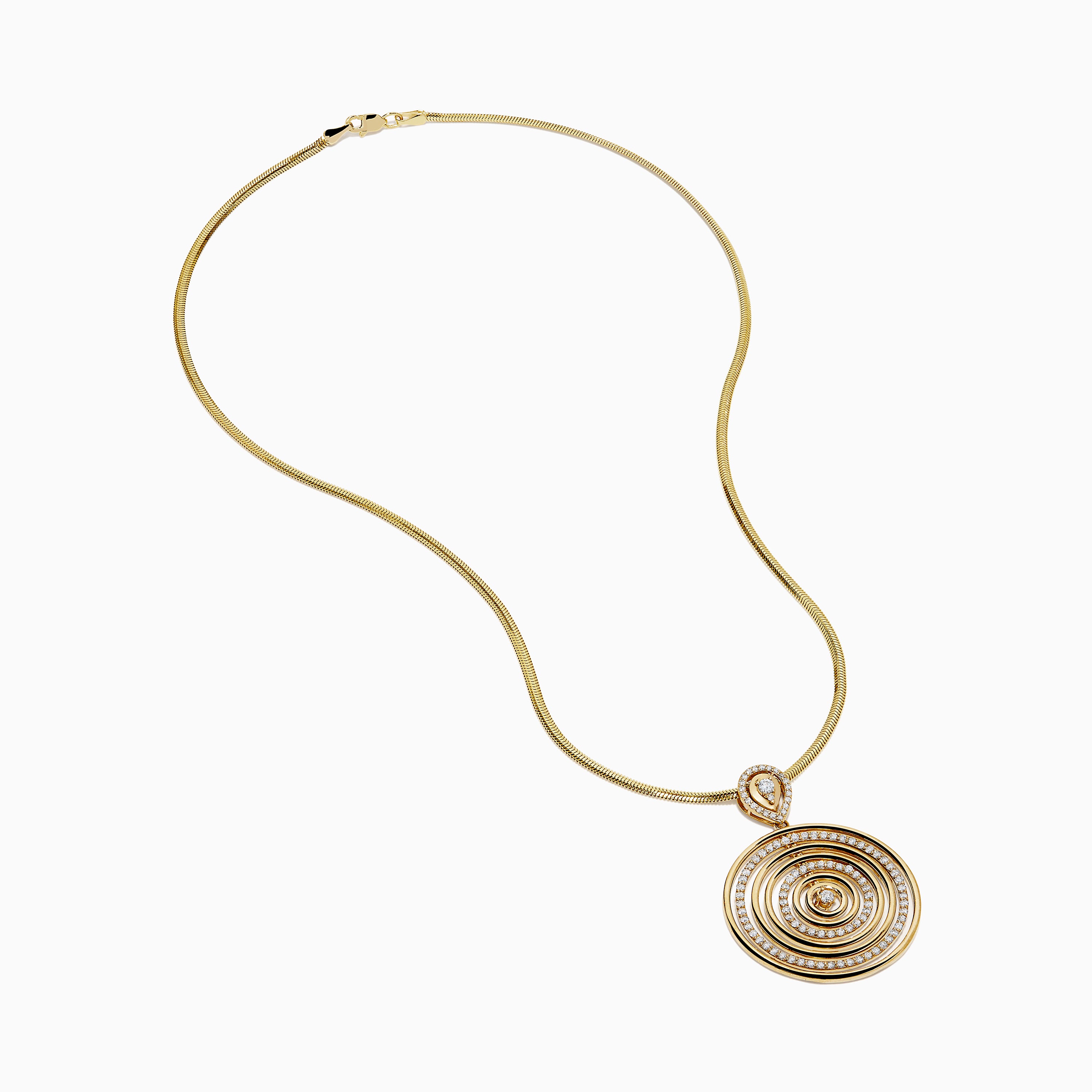 The 14K Yellow Gold Diamond Concentric Circle Drop Pendant features concentric circles with diamond accents and a central diamond, all suspended from a yellow gold chain.
