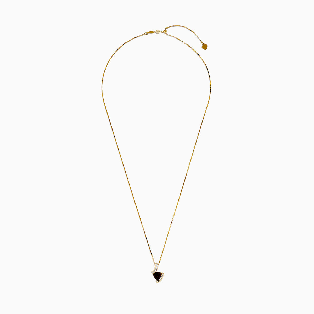 The 14K Yellow Gold Garnet and Diamond Pendant features a deep red, triangular garnet accented with small diamonds in a curved, asymmetrical design.