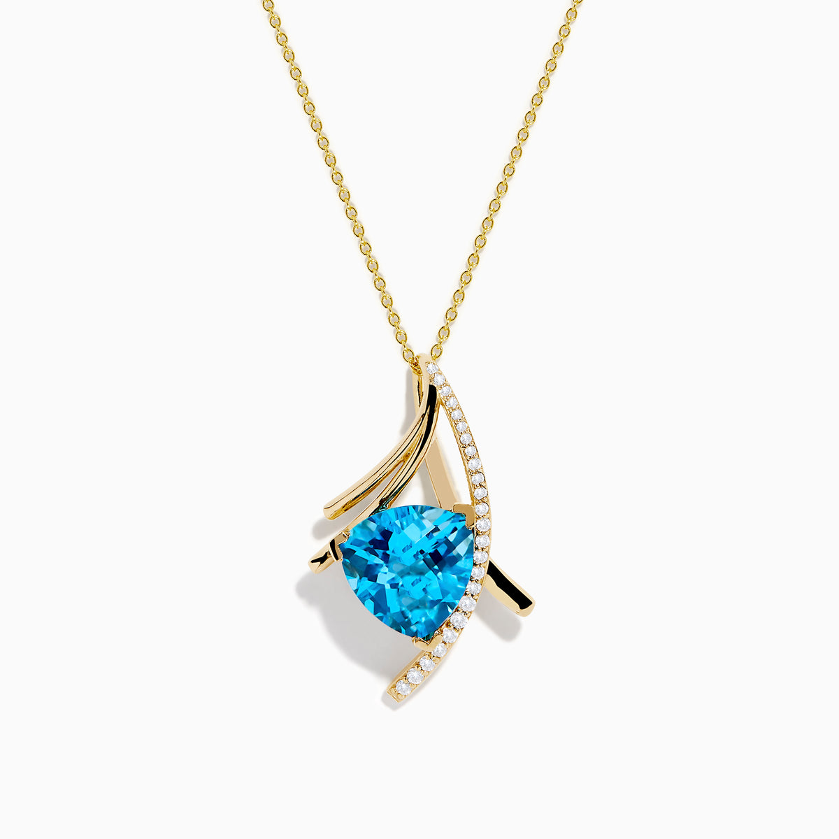 The Ocean Bleu 14K Yellow Gold Pendant features a triangular blue topaz accented with a curved row of small white diamonds and gold lines, suspended from a fine gold chain.