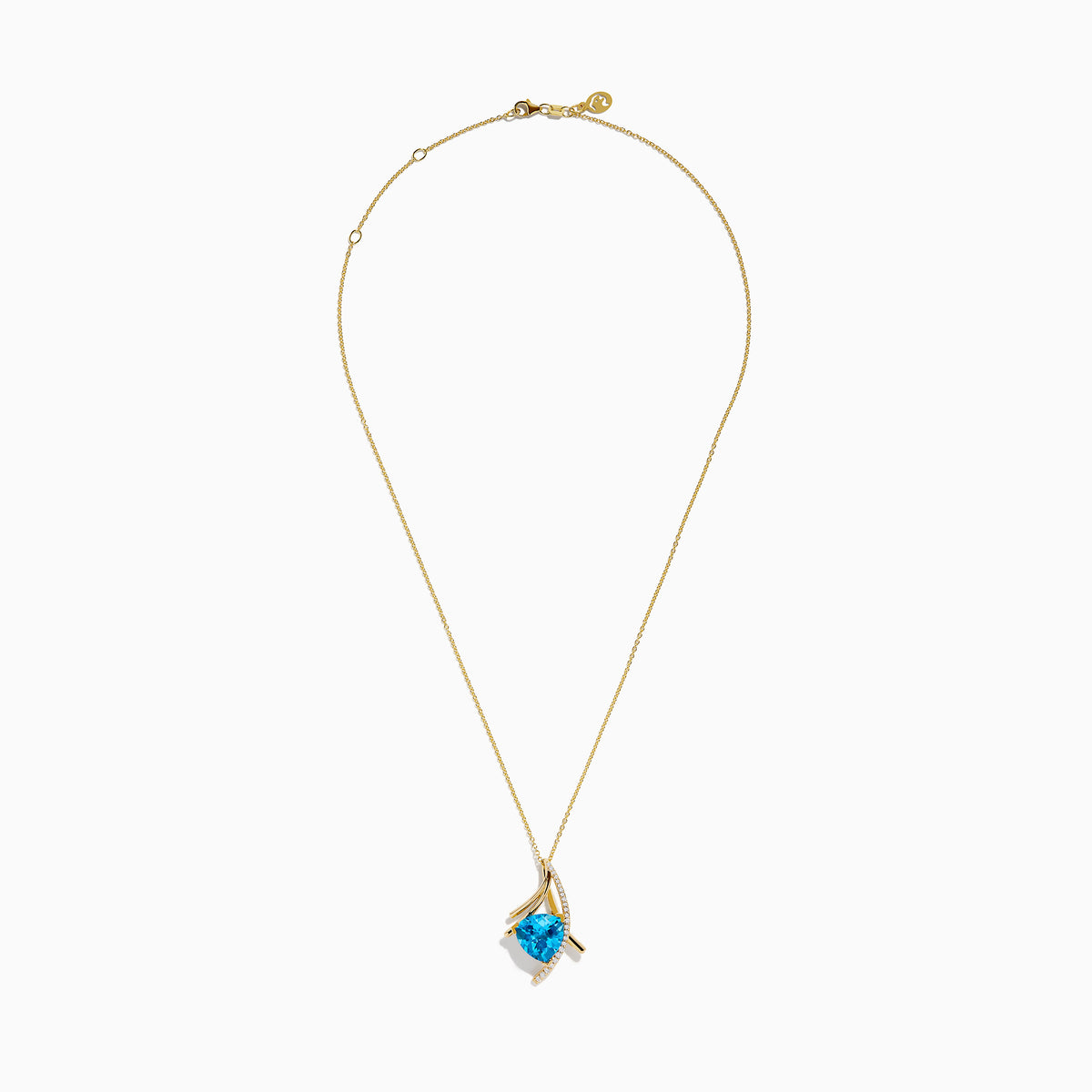 The Ocean Bleu 14K Yellow Gold Pendant features a triangular blue topaz accented with a curved row of small white diamonds and gold lines, suspended from a fine gold chain.