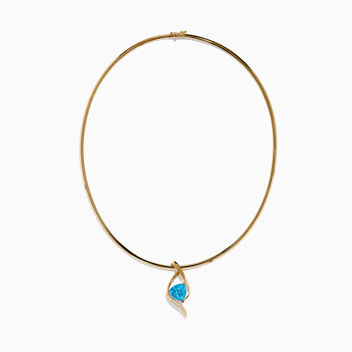 The Ocean Bleu 14K Yellow Gold Blue Topaz and Diamond Pendant features a twisting diamond design, centered with a vivid blue topaz and accented by small diamonds along one side, displayed on a plain white background.