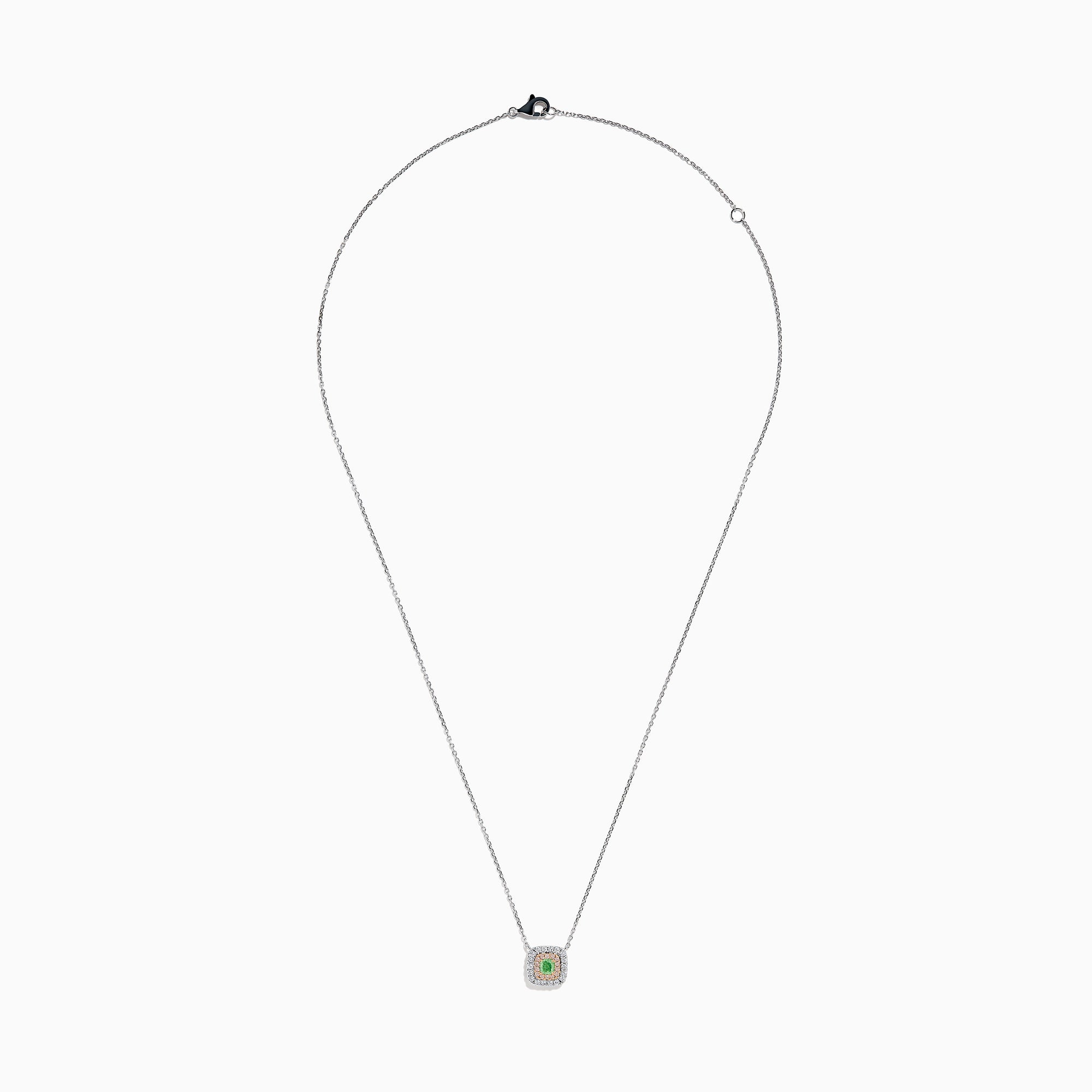 The 18K Two-Tone Gold Green and White Diamond Halo Necklace features a square pendant with a central green gemstone, accented by a double halo of sparkling white diamonds on a delicate chain.