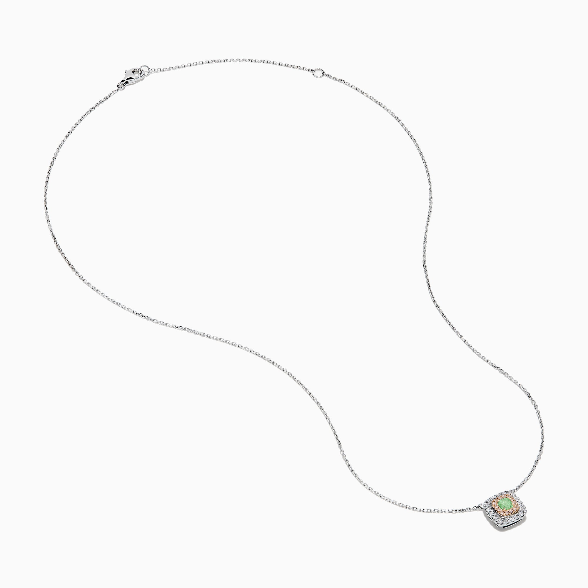 The 18K Two-Tone Gold Green and White Diamond Halo Necklace features a square pendant with a central green gemstone, accented by a double halo of sparkling white diamonds on a delicate chain.