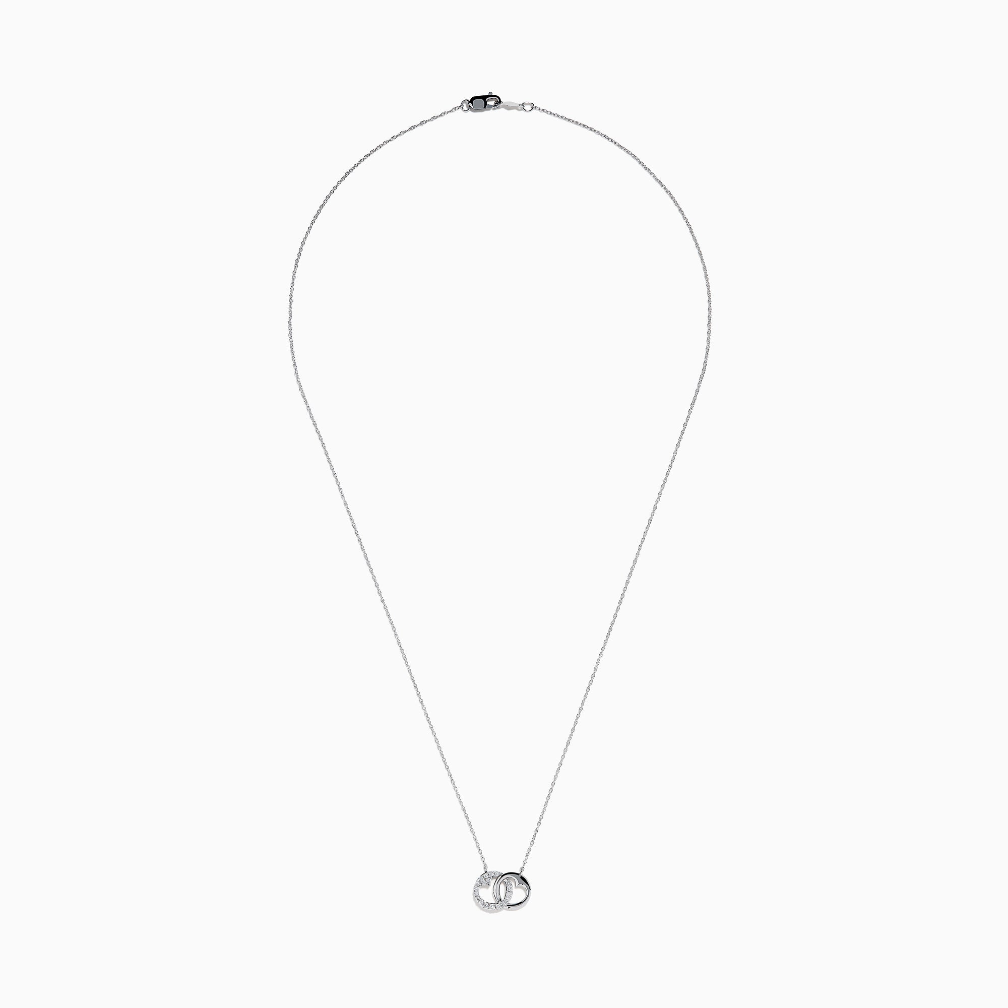 The 14K White Gold Diamond Accented Interlocking Hearts Necklace features two intertwined hearts—one with sparkling diamond accents, the other polished smooth—set on a plain white background.