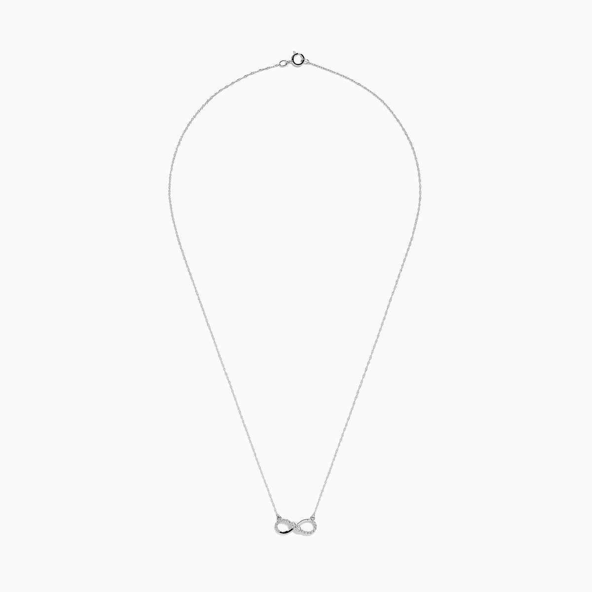 The 14K White Gold Diamond Accented Infinity Necklace features a sparkling infinity symbol pendant and is shown on a plain white background.
