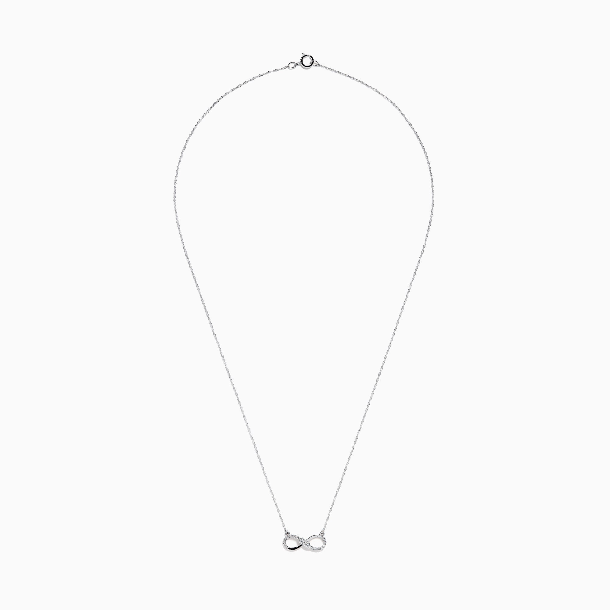 The 14K White Gold Diamond Accented Infinity Necklace features a sparkling infinity symbol pendant and is shown on a plain white background.