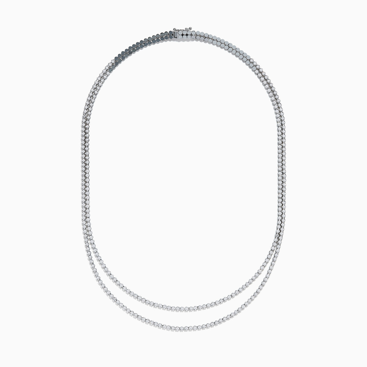 Two elegant Pave Classica 14K White Gold Diamond Tennis Necklaces with closely set, sparkling diamonds are layered together against a white background, forming gentle, symmetrical curves.