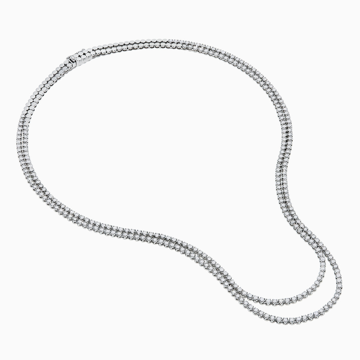 Two elegant Pave Classica 14K White Gold Diamond Tennis Necklaces with closely set, sparkling diamonds are layered together against a white background, forming gentle, symmetrical curves.
