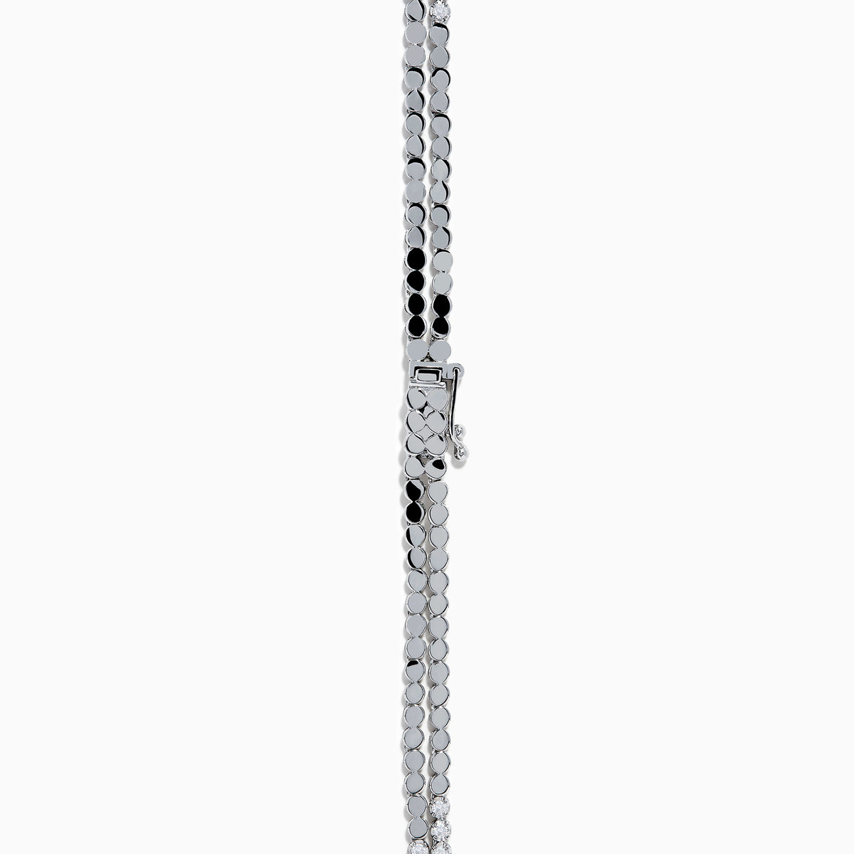 Two elegant Pave Classica 14K White Gold Diamond Tennis Necklaces with closely set, sparkling diamonds are layered together against a white background, forming gentle, symmetrical curves.