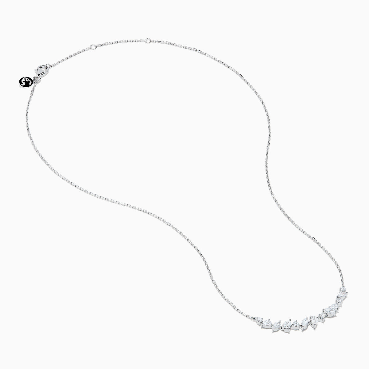 The Lab Grown Multi Shape Diamond Collarbone Necklace in 14K White Gold features a row of marquise and round lab grown diamonds arranged in a graceful curve along the center of the chain.