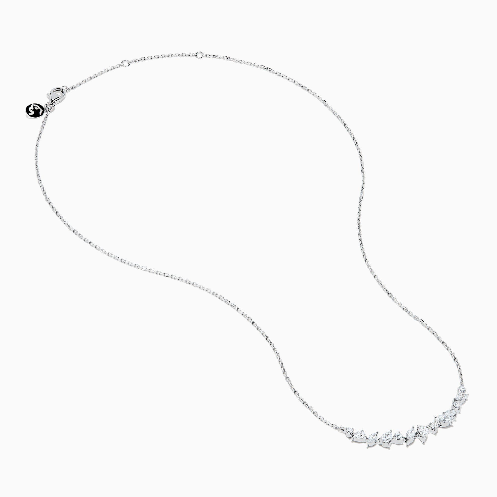 The Lab Grown Multi Shape Diamond Collarbone Necklace in 14K White Gold features a row of marquise and round lab grown diamonds arranged in a graceful curve along the center of the chain.