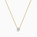 The Lab Grown Diamond 1.00ct Solitaire Pendant in 14K Yellow Gold features a single lab-grown diamond on a delicate gold chain, showcased against a white background.
