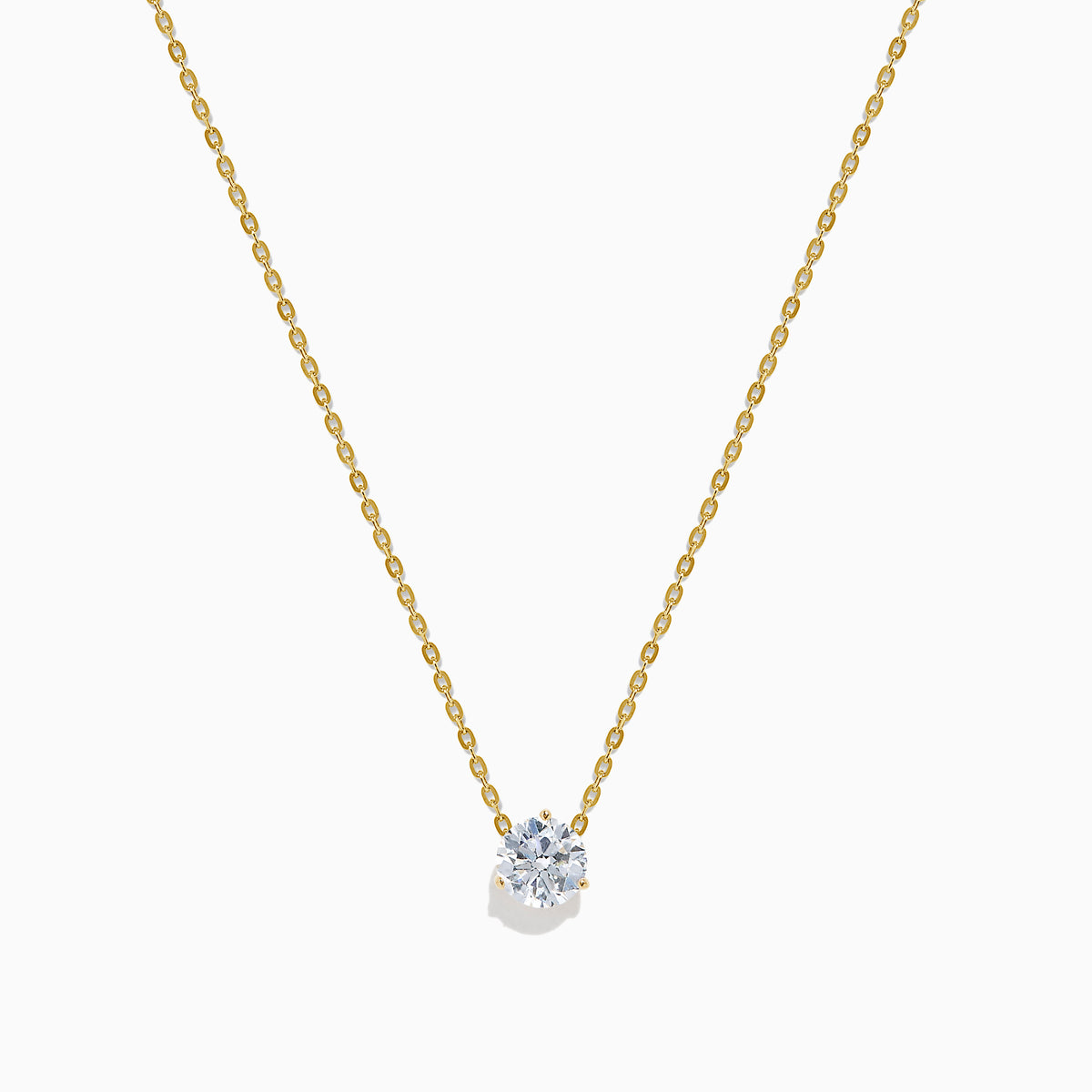 The Lab Grown Diamond 1.00ct Solitaire Pendant in 14K Yellow Gold features a single lab-grown diamond on a delicate gold chain, showcased against a white background.