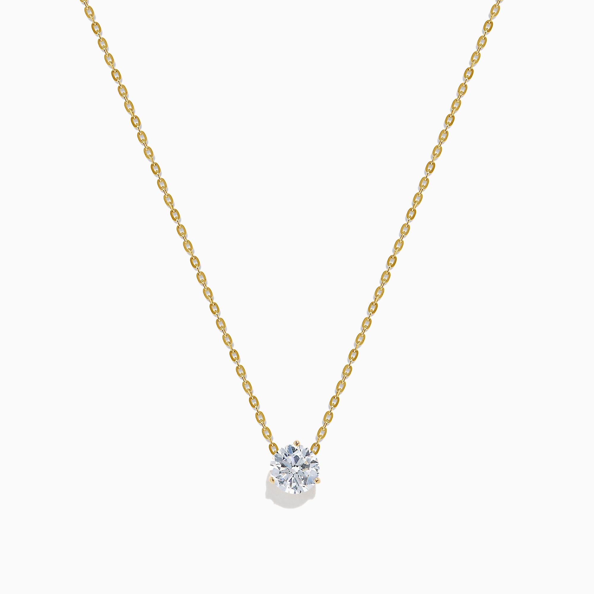 The Lab Grown Diamond 1.00ct Solitaire Pendant in 14K Yellow Gold features a single lab-grown diamond on a delicate gold chain, showcased against a white background.
