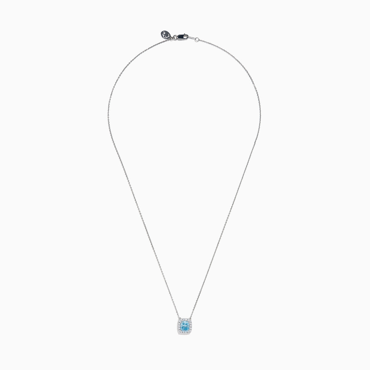 The Lab Grown Blue and White Diamond Halo Necklace in 14K White Gold features a square blue and white diamond pendant surrounded by clear stones, elegantly displayed against a white background.
