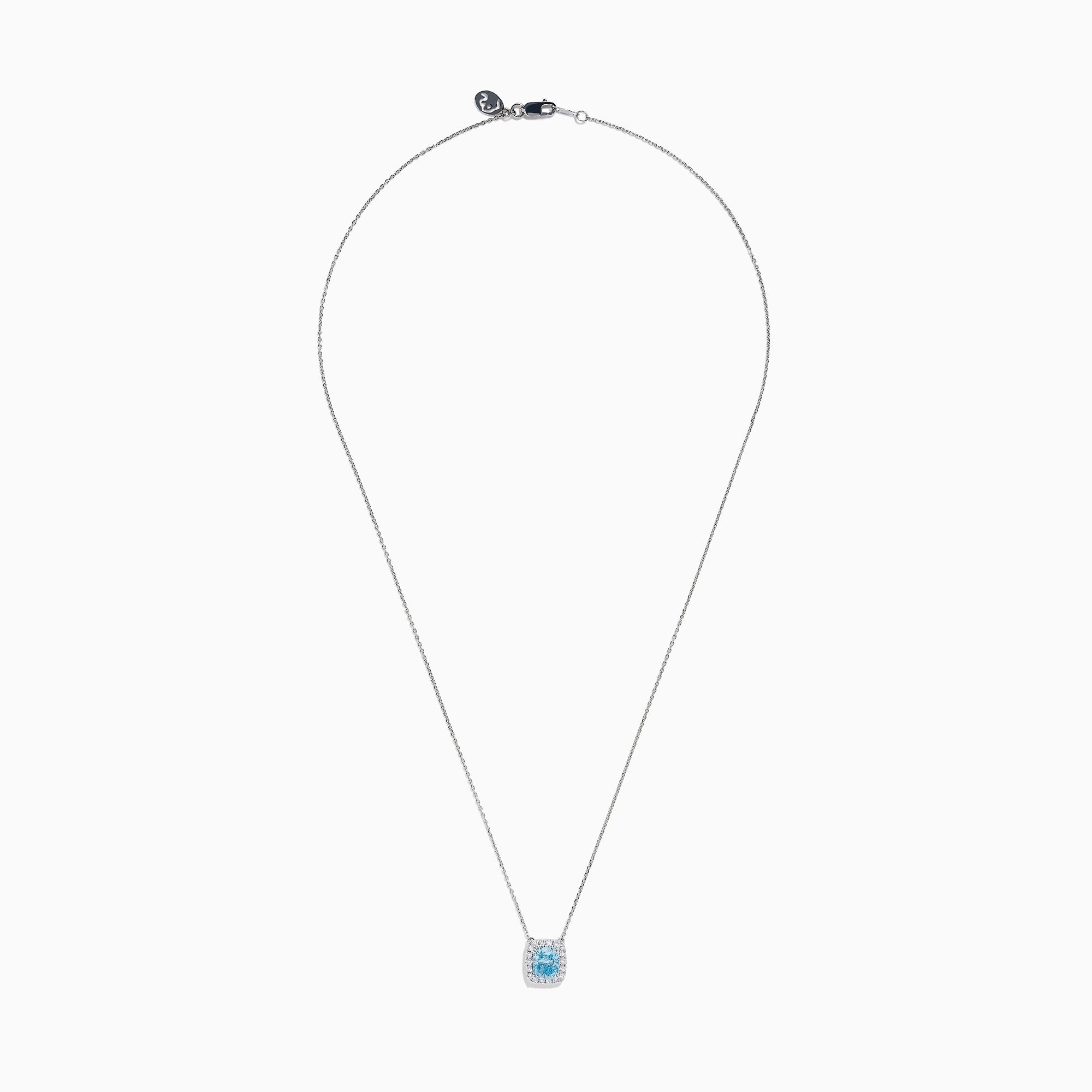 The Lab Grown Blue and White Diamond Halo Necklace in 14K White Gold features a square blue and white diamond pendant surrounded by clear stones, elegantly displayed against a white background.