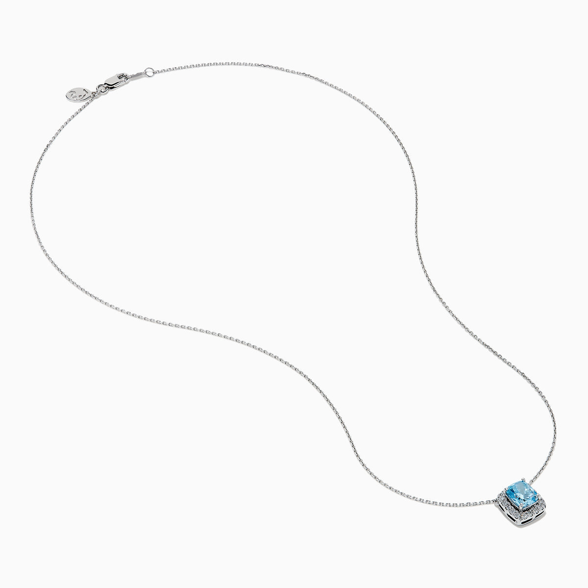 The Lab Grown Blue and White Diamond Halo Necklace in 14K White Gold features a square blue and white diamond pendant surrounded by clear stones, elegantly displayed against a white background.