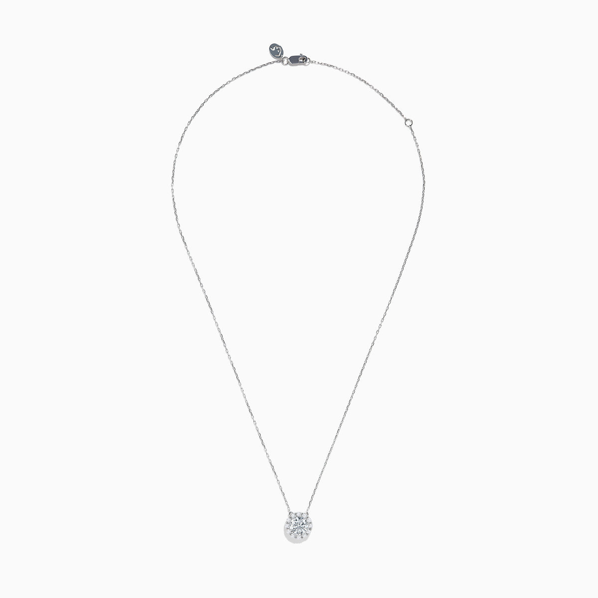 The 14K White Gold Lab Grown Diamond Pendant features a delicate silver chain and a round, sparkling lab grown diamond in an elegant white gold setting, shown against a white background.