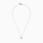 The 14K White Gold Lab Grown Diamond Pendant features a delicate silver chain and a round, sparkling lab grown diamond in an elegant white gold setting, shown against a white background.