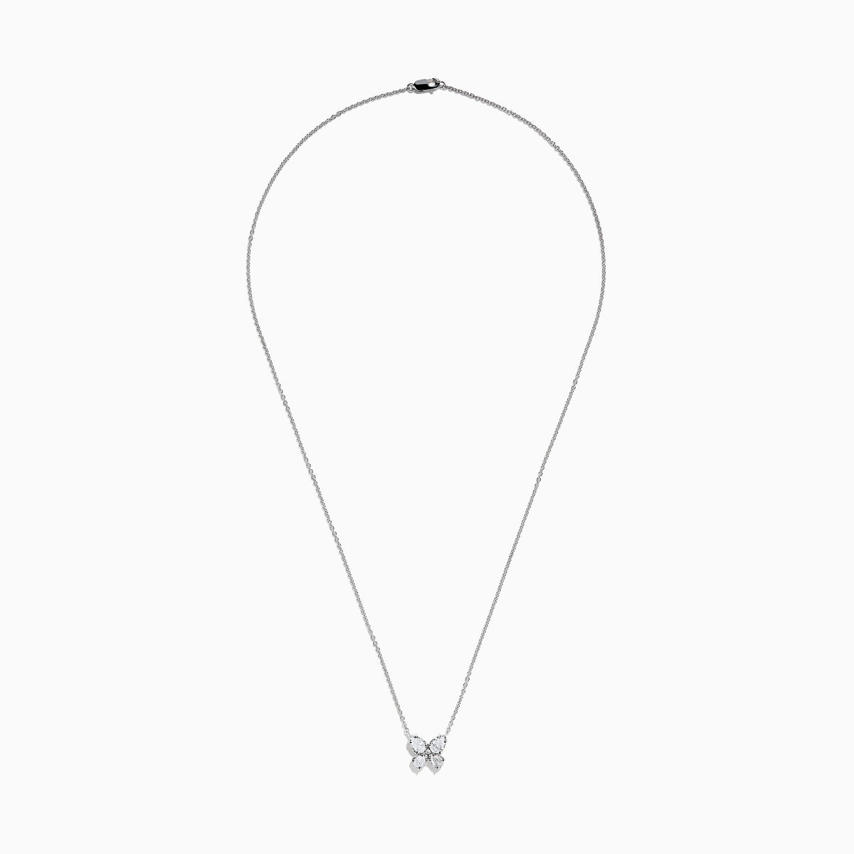 The Lab Grown Pear and Round Diamond Butterfly Pendant in 14K White Gold features four clear, pear-cut lab-grown diamonds set on a delicate silver chain, creating an elegant butterfly that sparkles beautifully.