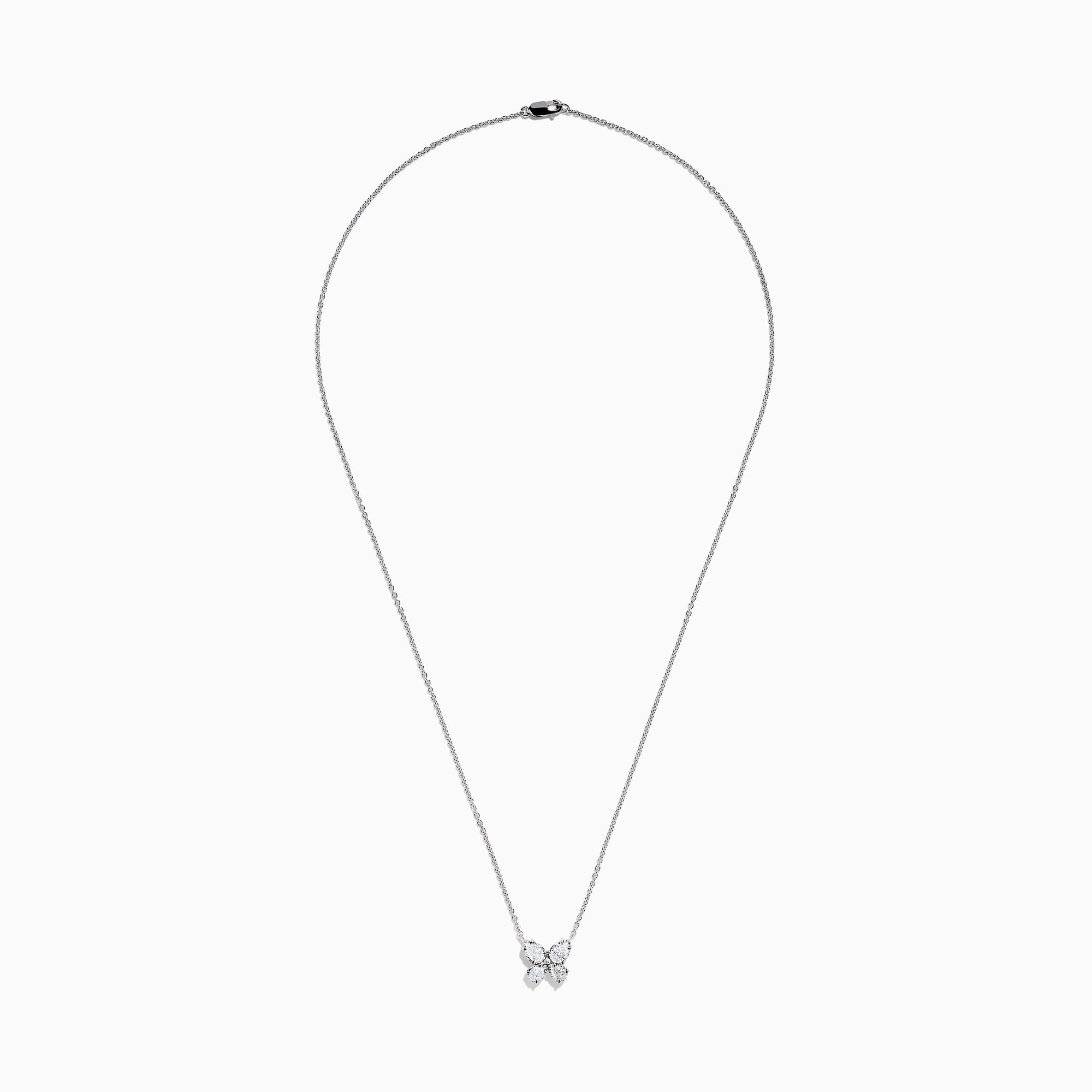 The Lab Grown Pear and Round Diamond Butterfly Pendant in 14K White Gold features four clear, pear-cut lab-grown diamonds set on a delicate silver chain, creating an elegant butterfly that sparkles beautifully.