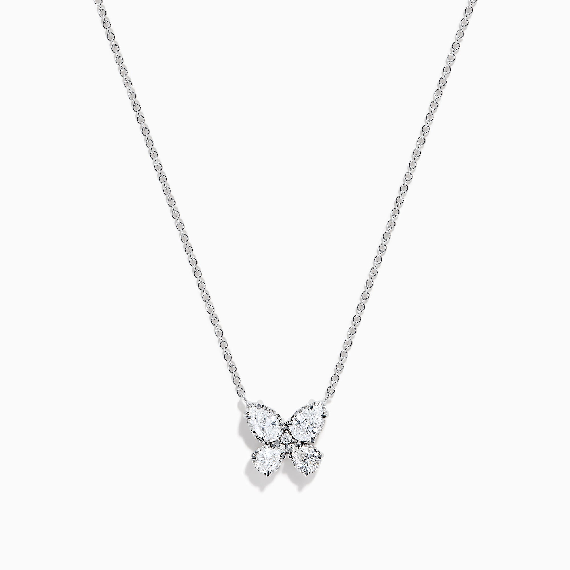 The Lab Grown Pear and Round Diamond Butterfly Pendant in 14K White Gold features four clear, pear-cut lab-grown diamonds set on a delicate silver chain, creating an elegant butterfly that sparkles beautifully.