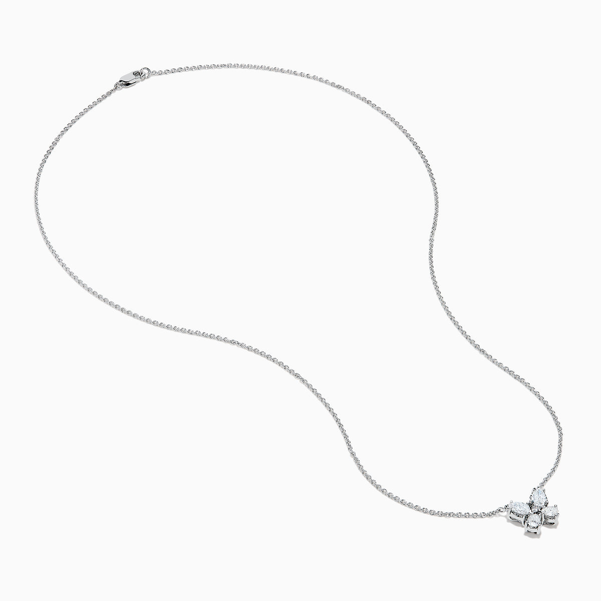 The Lab Grown Pear and Round Diamond Butterfly Pendant in 14K White Gold features four clear, pear-cut lab-grown diamonds set on a delicate silver chain, creating an elegant butterfly that sparkles beautifully.