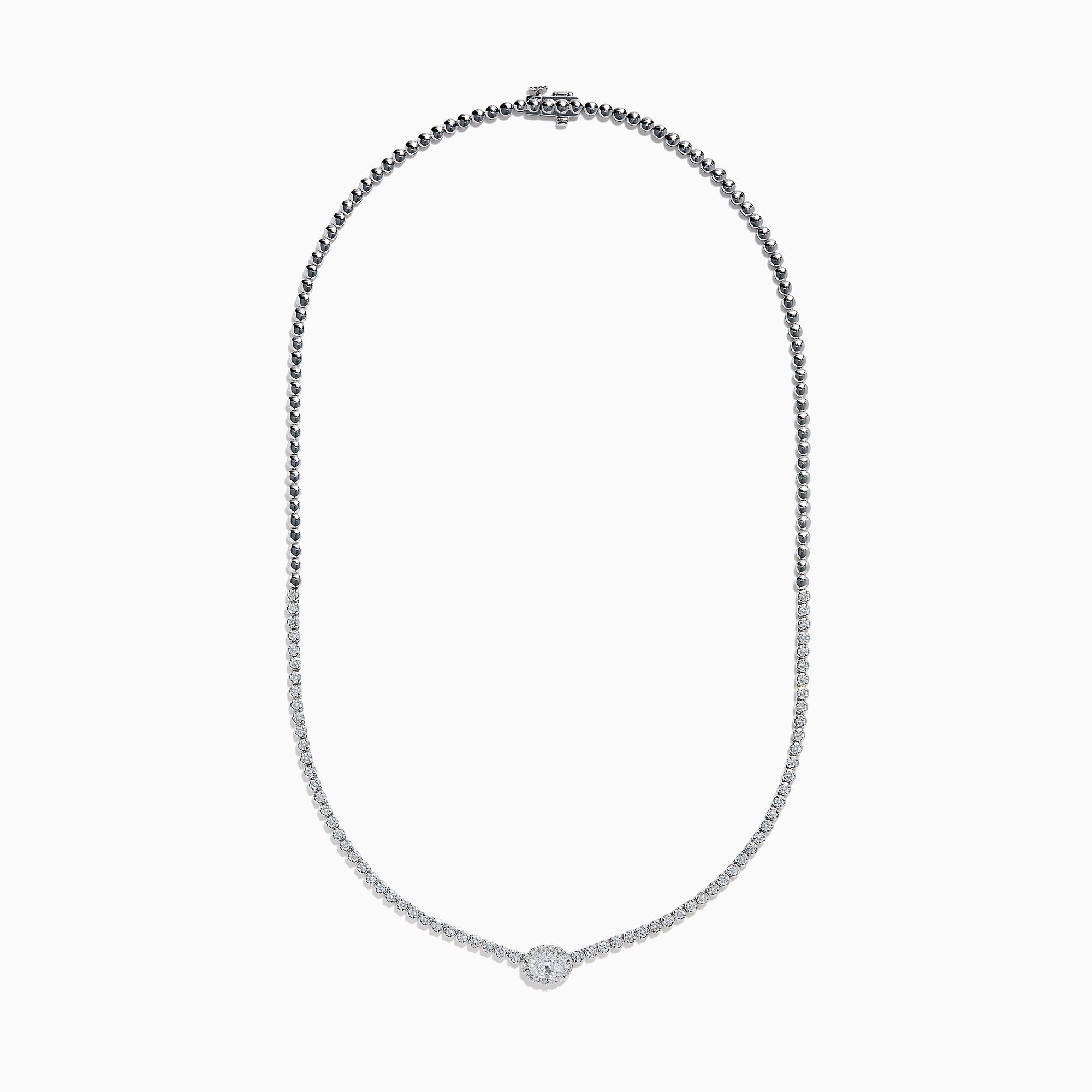 The Lab Grown Oval and Round Diamond 3.47ct Tennis Necklace in 14K White Gold features lab-grown oval and round diamonds set along a sleek white gold chain, shown in a bright white metal setting against a white background.