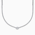 The Lab Grown Oval and Round Diamond 3.47ct Tennis Necklace in 14K White Gold features lab-grown oval and round diamonds set along a sleek white gold chain, shown in a bright white metal setting against a white background.
