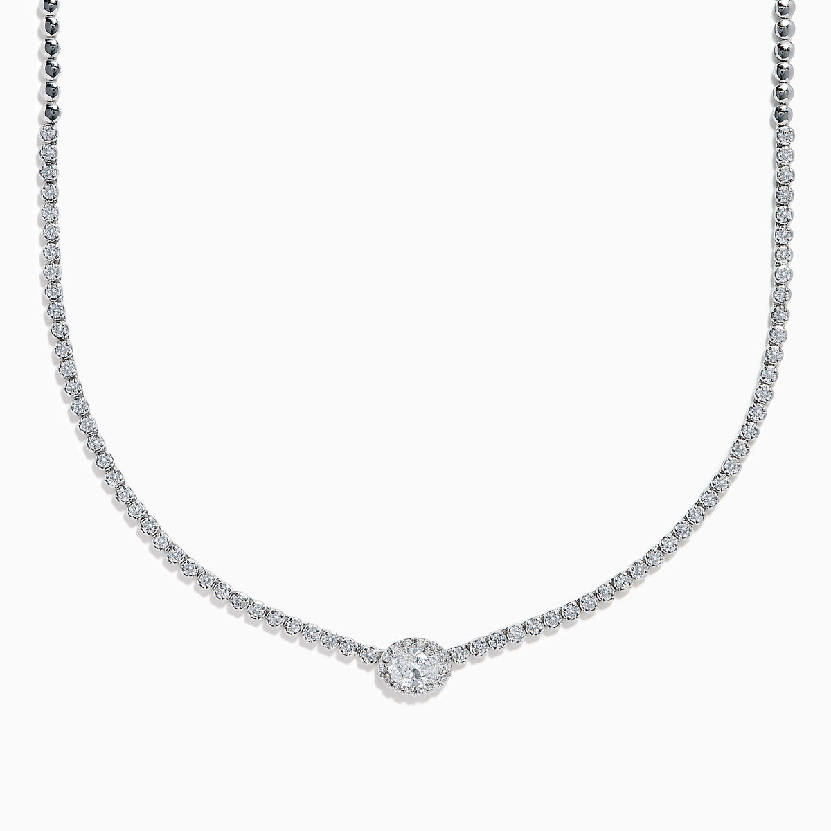 The Lab Grown Oval and Round Diamond 3.47ct Tennis Necklace in 14K White Gold features lab-grown oval and round diamonds set along a sleek white gold chain, shown in a bright white metal setting against a white background.