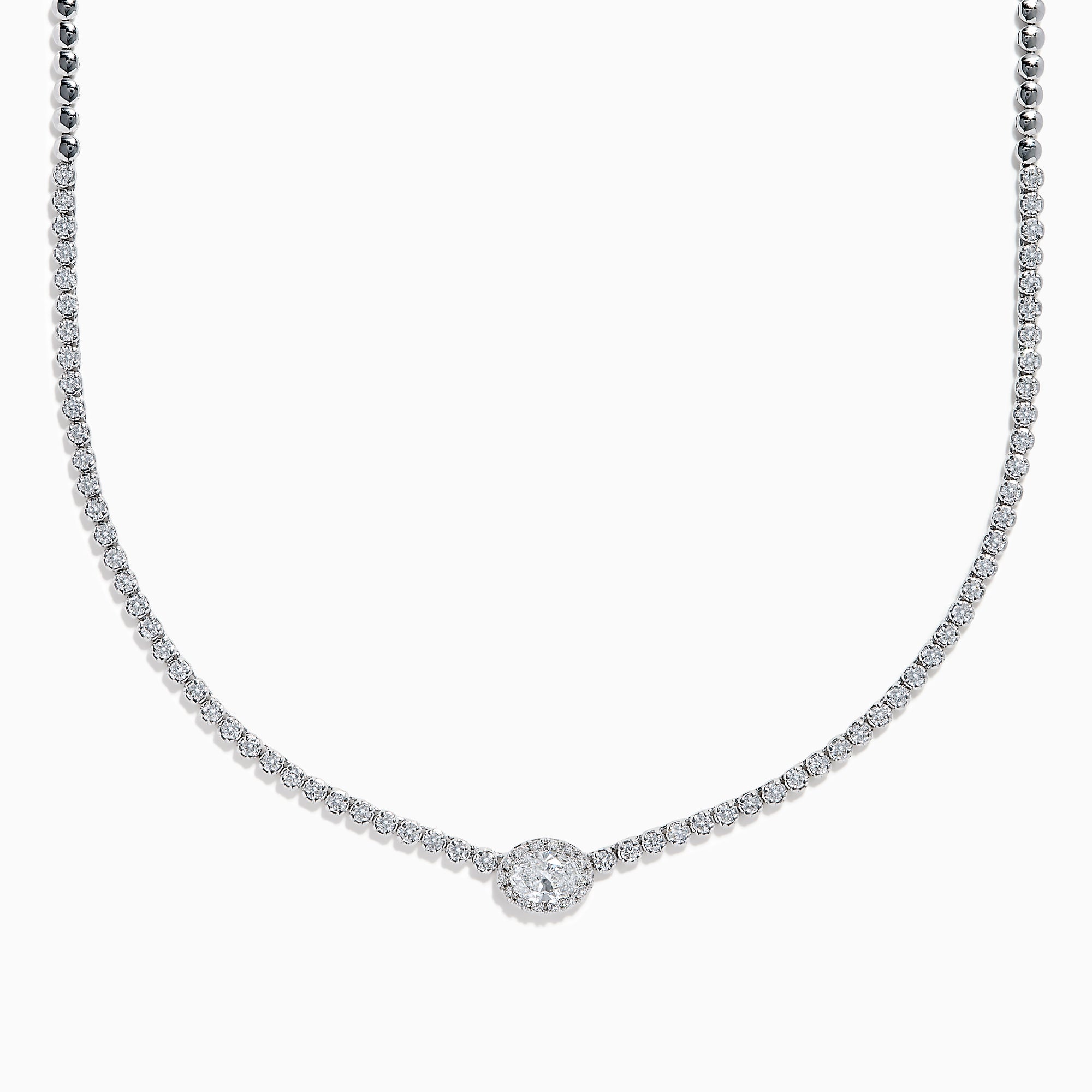 The Lab Grown Oval and Round Diamond 3.47ct Tennis Necklace in 14K White Gold features lab-grown oval and round diamonds set along a sleek white gold chain, shown in a bright white metal setting against a white background.