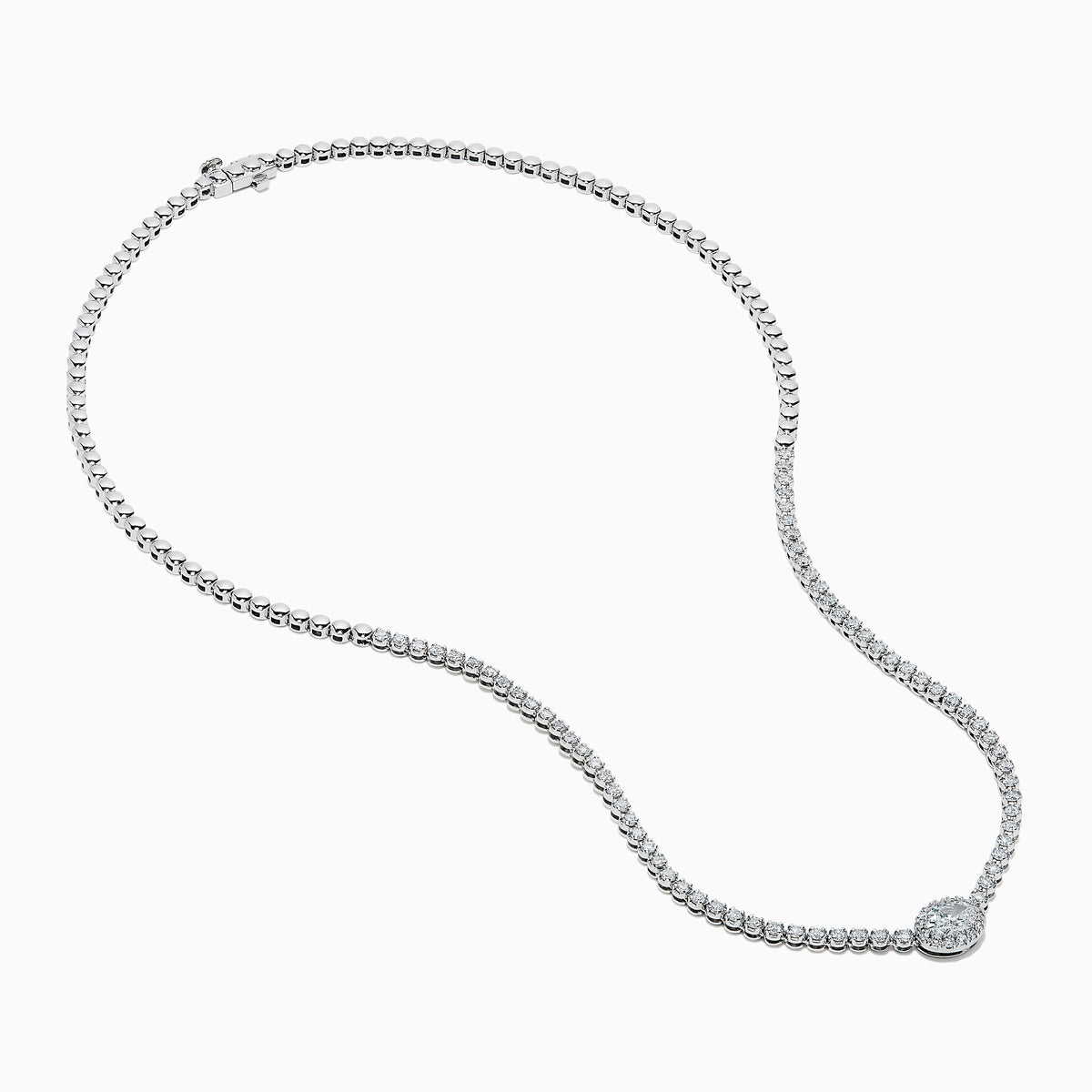 The Lab Grown Oval and Round Diamond 3.47ct Tennis Necklace in 14K White Gold features lab-grown oval and round diamonds set along a sleek white gold chain, shown in a bright white metal setting against a white background.