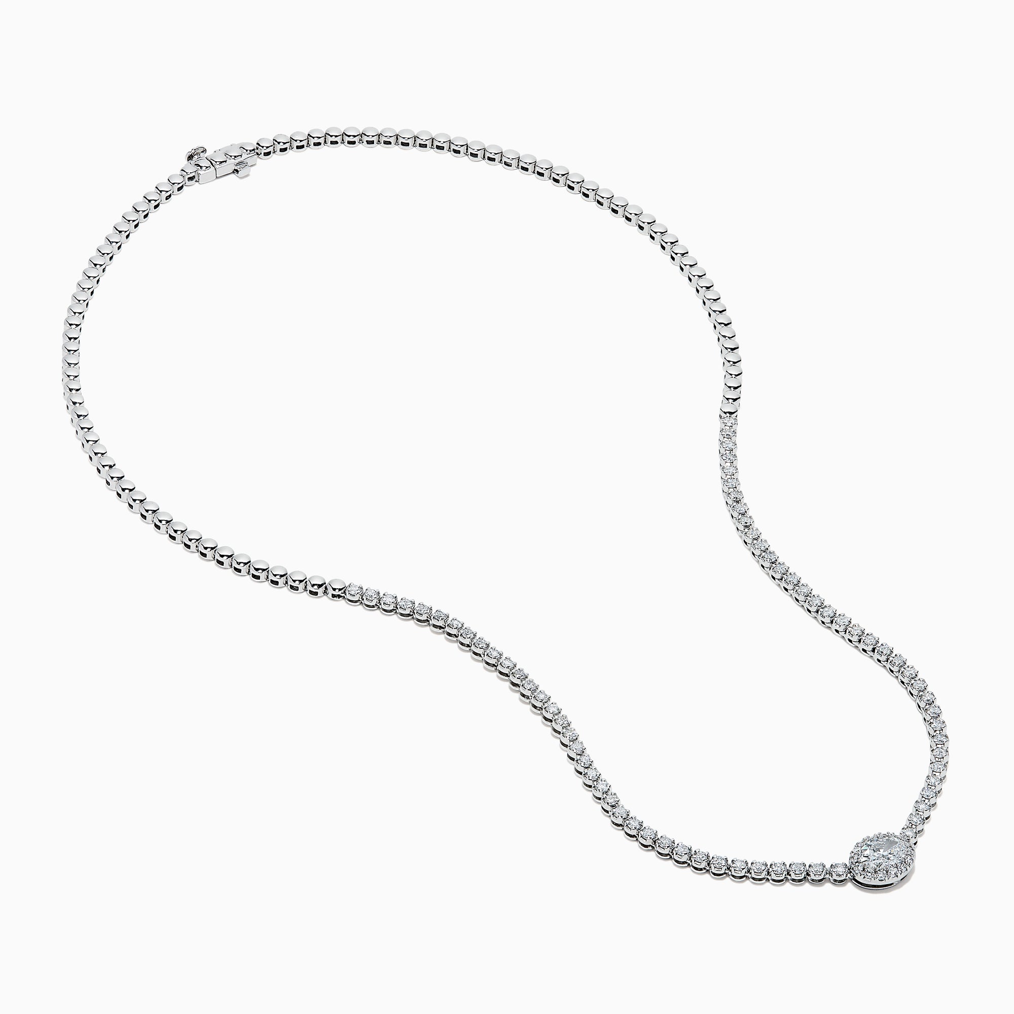 The Lab Grown Oval and Round Diamond 3.47ct Tennis Necklace in 14K White Gold features lab-grown oval and round diamonds set along a sleek white gold chain, shown in a bright white metal setting against a white background.