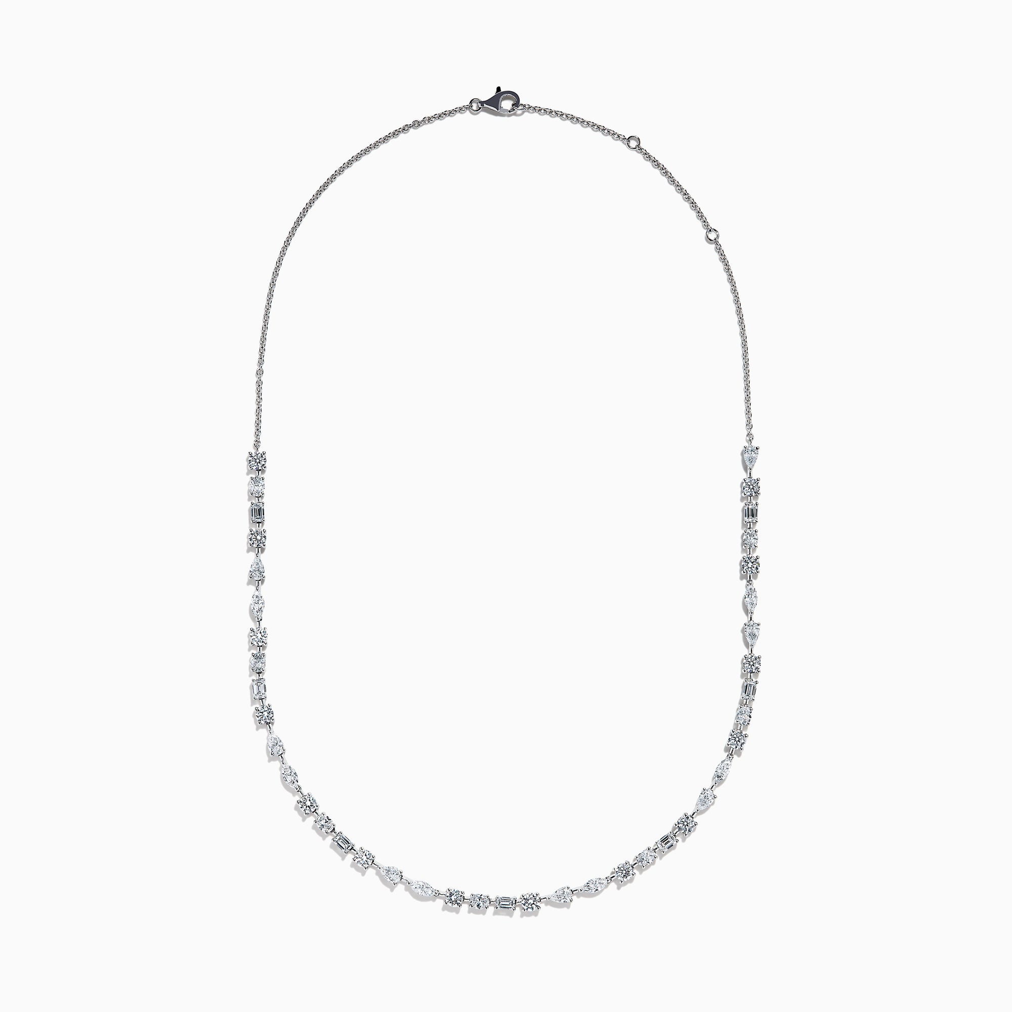 The Lab Grown Multi Shape Diamond 7.25ct Tennis Necklace in 14K White Gold features round, marquise, and emerald cut lab-grown diamonds arranged evenly along the chain and is shown gracefully curved on a white background.