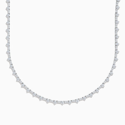 The Lab Grown Diamond Tennis Necklace in 14K White Gold showcases a continuous row of closely set round lab grown diamonds, elegantly displayed on a plain white background.