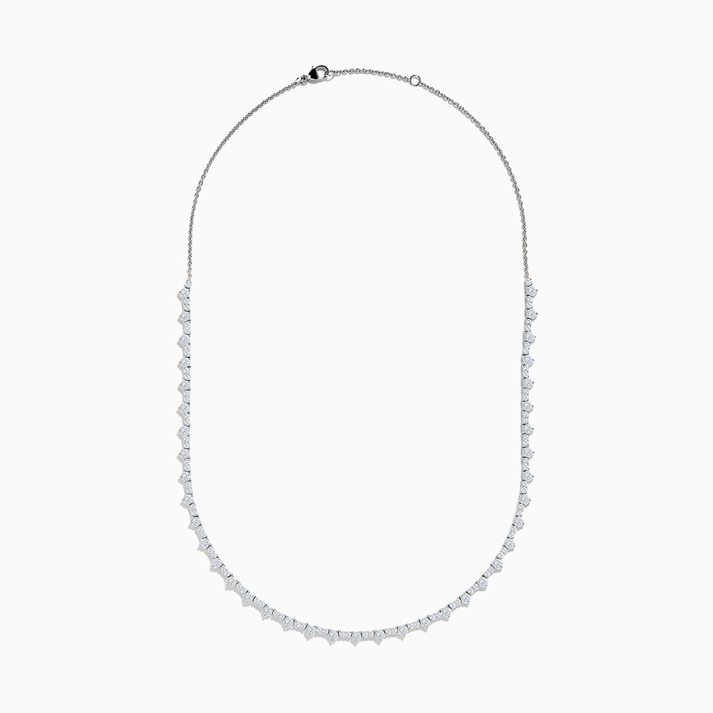 The Lab Grown Diamond Tennis Necklace in 14K White Gold showcases a continuous row of closely set round lab grown diamonds, elegantly displayed on a plain white background.